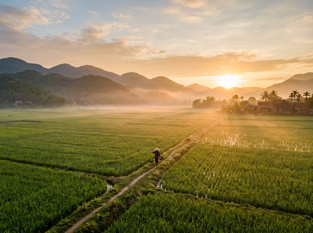 A person wearing a conical hat walking on a dirt path through green rice fields at sunrise with mist and mountains in the background