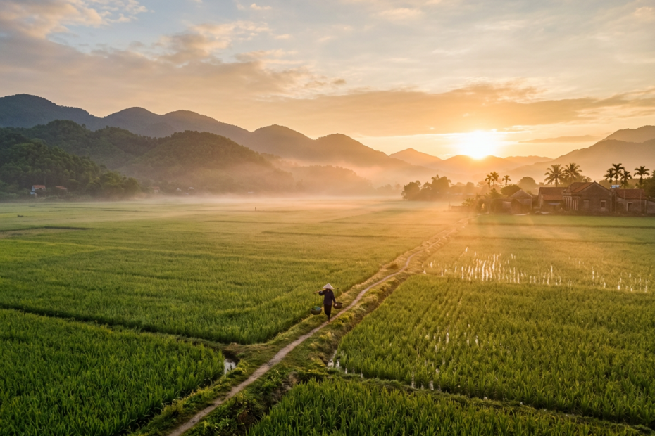 A person wearing a conical hat walking on a dirt path through green rice fields at sunrise with mist and mountains in the background