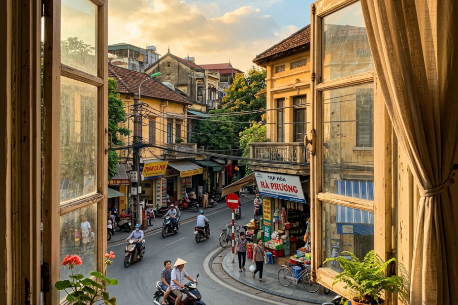 Open window overlooking a lively street with motorbikes, pedestrians, and shops