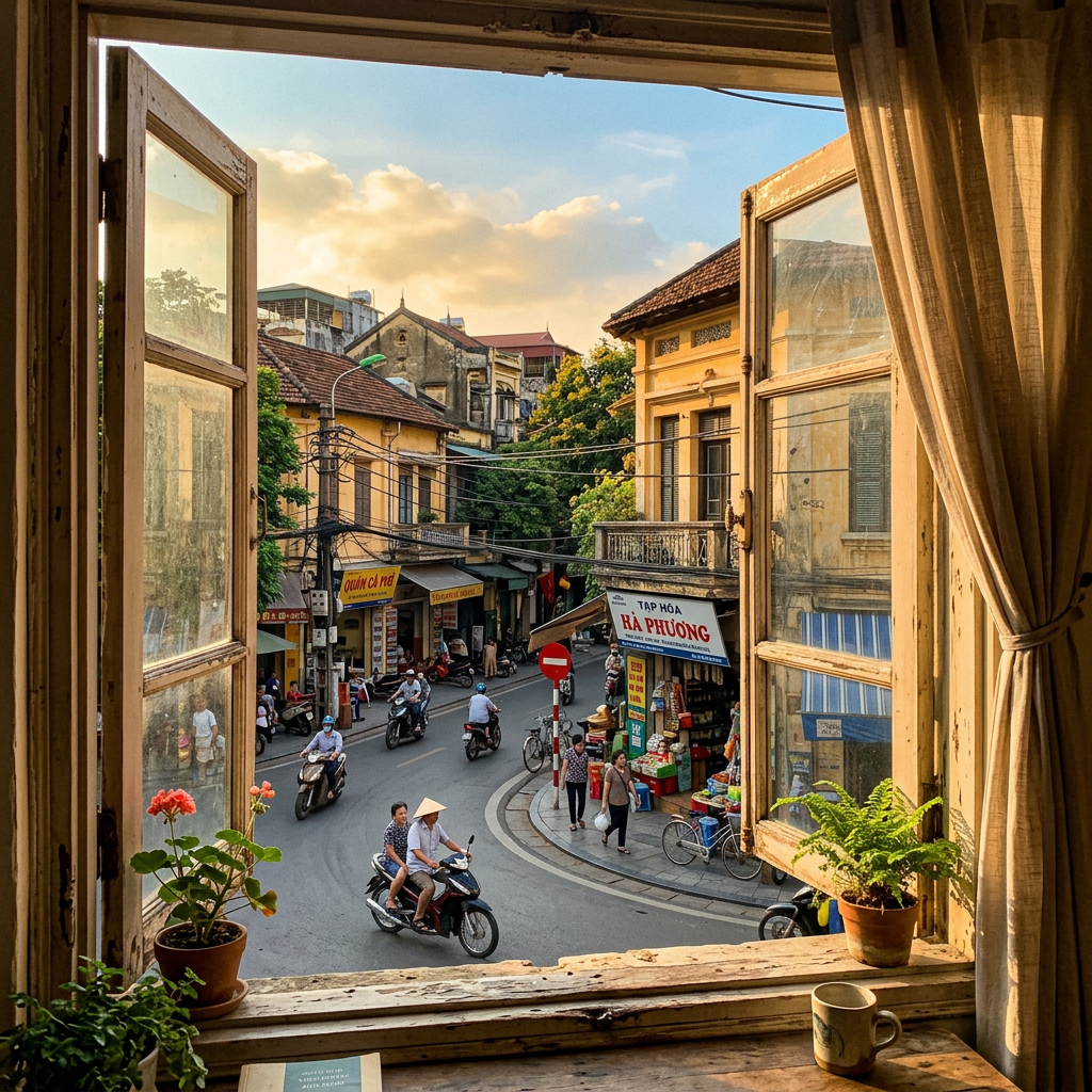 Open window overlooking a lively street with motorbikes, pedestrians, and shops