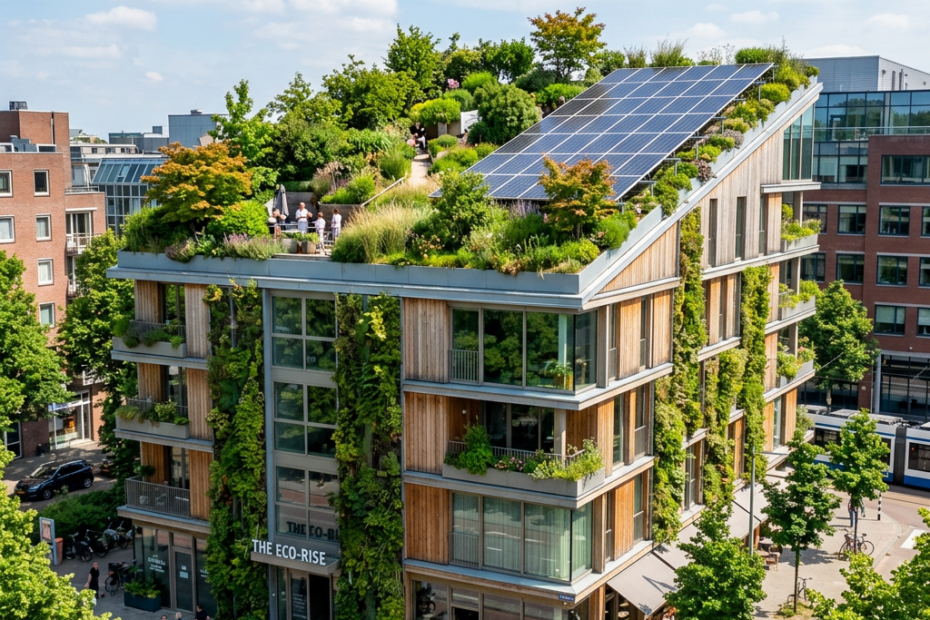 Modern eco-friendly building with rooftop garden and solar panels