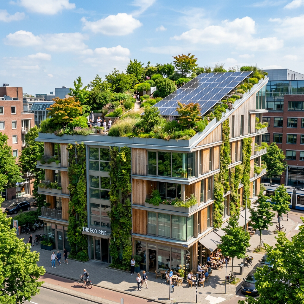 Modern eco-friendly building with rooftop garden and solar panels